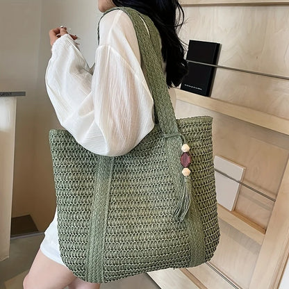 New Handwoven Straw Shoulder Bag, Solid Color Tote w/Tassel, Square Beach Bag SummerVacation, Handbag Shopping Outings