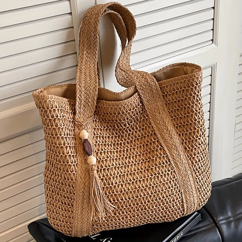 New Handwoven Straw Shoulder Bag, Solid Color Tote w/Tassel, Square Beach Bag SummerVacation, Handbag Shopping Outings