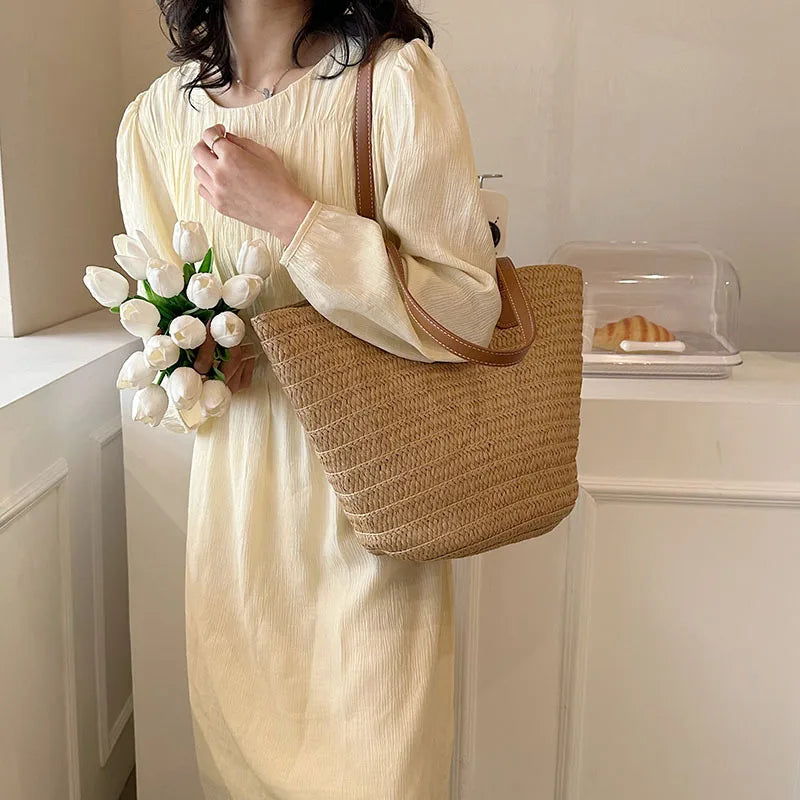 Women's Large Capacity Shoulder Bag Summer Straw Woven Basket Handbag Fashion Female Luxury Designer Beach Bag Bali Shopper Tote