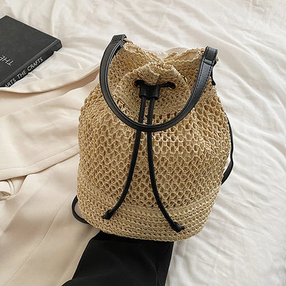 Summer Braided Straw Bucket Bag For Women Simple Drawstring Shoulder Crossbody Bag Travel Beach Bag Casual Wove Handbag