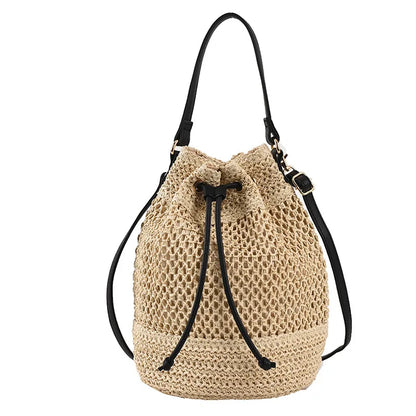 Summer Braided Straw Bucket Bag For Women Simple Drawstring Shoulder Crossbody Bag Travel Beach Bag Casual Wove Handbag