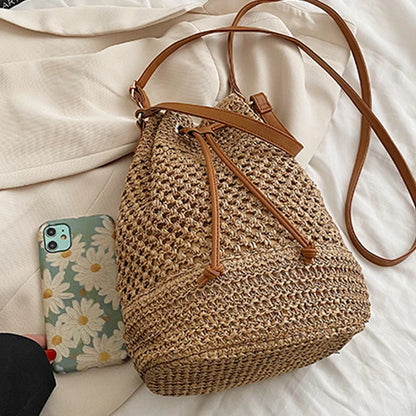 Summer Braided Straw Bucket Bag For Women Simple Drawstring Shoulder Crossbody Bag Travel Beach Bag Casual Wove Handbag