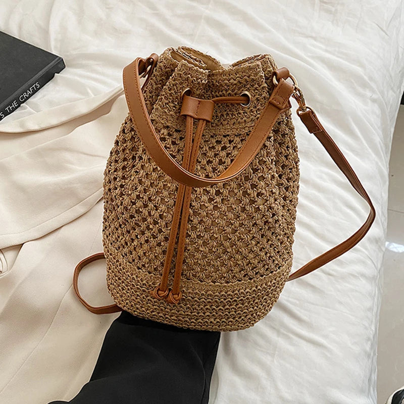 Summer Braided Straw Bucket Bag For Women Simple Drawstring Shoulder Crossbody Bag Travel Beach Bag Casual Wove Handbag