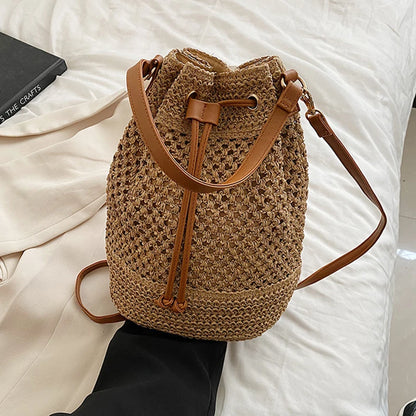 Summer Braided Straw Bucket Bag For Women Simple Drawstring Shoulder Crossbody Bag Travel Beach Bag Casual Wove Handbag